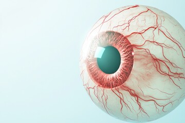 Close-up of a realistic human eyeball with visible blood vessels, isolated on a light blue background.