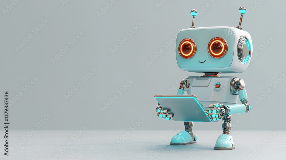 Poster cute robot using tablet pc digital technology artificial intelligence concept