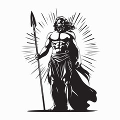 God of Thunder Zeus Holding Spear Majestically in Front of the Setting Sun vector image. 