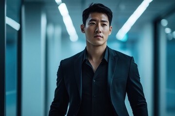Confident Asian businessman in a modern office hallway.