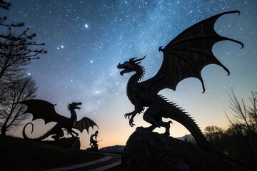 Guardians of the Night Sky Majestic Dragon Silhouettes Under a Starry Expanse