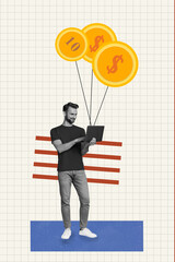 Exclusive image vertical photo collage of happy businessman freelancer type laptop coin income...