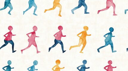Vibrant Watercolor Silhouettes of People Running in Multiple Colors on a Soft Background