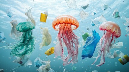Plastic waste forming jellyfish shape floating underwater, depicting ocean pollution