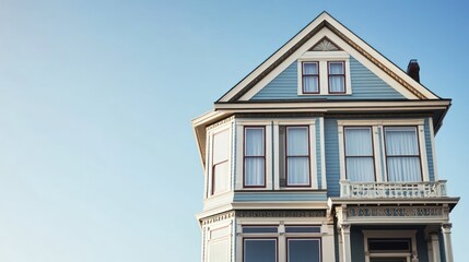 Victorian house, blue facade, clear sky.
