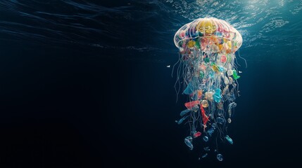 Plastic waste forming jellyfish shape floating underwater, depicting ocean pollution