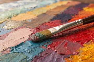 Obraz premium A paintbrush rests on a palette of vibrant, richly textured oil paints