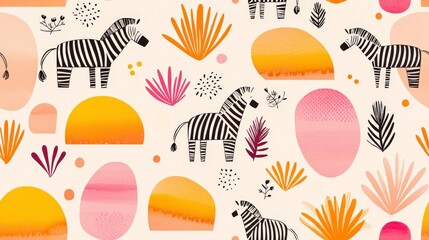 Vibrant and Playful Animal Patterns Featuring Zebras, Abstract Shapes, and Colorful Botanicals
