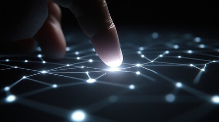 Fototapeta premium Fingertip interacting with glowing network nodes on a dark surface. (1)