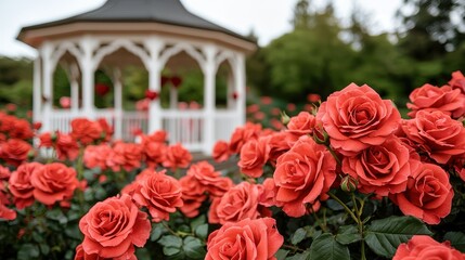 Valentine Festival Concept, Elegant Gazebo Surrounded by Lush Red Roses in a Beautiful Garden Setting