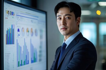 Fototapeta premium Confident businessman reviewing data on a large monitor in a modern office.