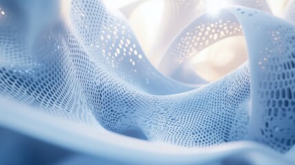 Abstract flowing light blue perforated textile surface with wave pattern and light flares.