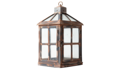 Rustic lantern with glass panels, showcasing vintage charm for indoor or outdoor décor, ideal for evening ambiance in various settings on transparent background