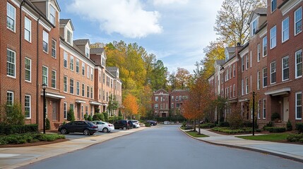 Obraz premium Newly Constructed Townhomes in a Modern, Upscale Neighborhood, with Lush Greenery on a Sunny Day
