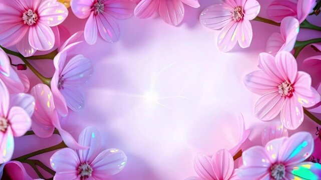Floral frame with flowers shimmering holographic glares on pastel background, greeting cards, advertising, promotions, flower shops, events, Copy space.