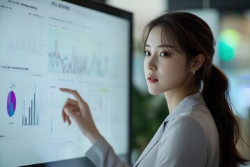Businesswoman analyzing data on a large monitor.