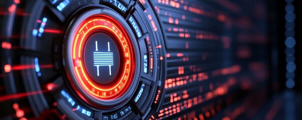 Fototapeta premium Cybersecurity guards against AI-driven threats. Futuristic digital interface with glowing elements and intricate patterns.