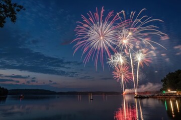 Spectacular Fireworks Display Over Calm Water at Dusk