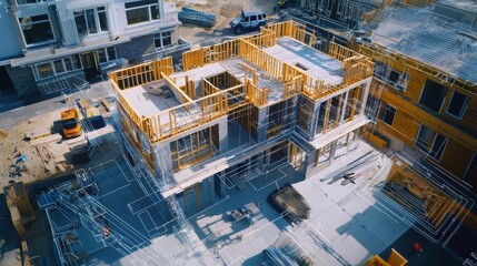 Modern Construction Site with Floor Plans Overlay