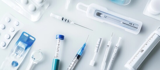 Medical supplies syringes, pills, and testing devices arranged on a white surface.