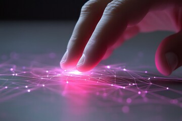 Fingertip interacting with glowing digital network on screen.