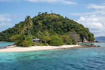 Secluded Tropical Island Paradise with White Sand Beach and Lush Greenery
