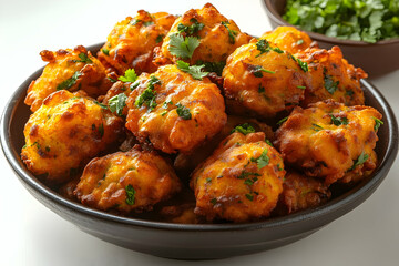 Golden-brown fried fritters in a dark bowl, garnished with fresh cilantro.