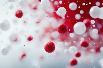 Abstract background with red and white spheres floating in space.