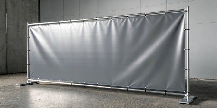 A large blank gray fabric banner hangs from a metal frame, perfect for advertising or event promotion.