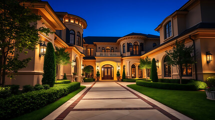 Naklejka premium Nighttime View of a Multi-Story Mansion with Landscaped Driveway