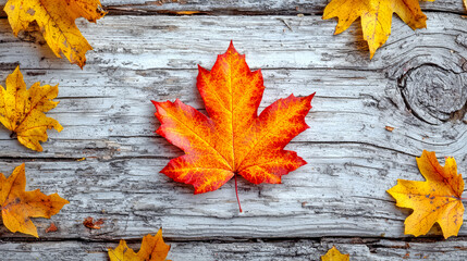 An orange maple leaf resting on a rustic wooden surface with autumn vibes