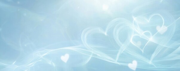 Abstract light blue background with hearts and soft glow.