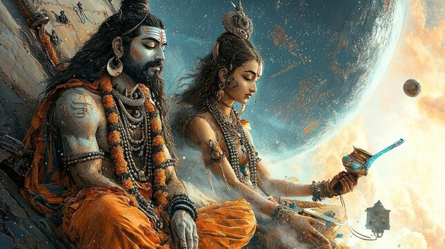 Exploring ardhanarishvara the divine union of shiva and parvati in spiritual art indian temples visual representation celestial landscape mystical perspective symbolism and meaning