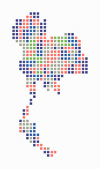 Obraz premium Thailand dotted map. Digital style map of the country on white background. Thailand shape with square dots. Colored dots style. Large size squares. Plain vector illustration.