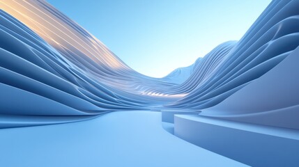 Abstract 3D rendering of a futuristic, wavy, light blue landscape with smooth curves and a path.