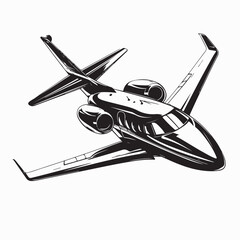 Black and White Private jet flying in the sky vector illustration isolated on white background.