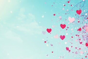 Pastel pink and red hearts falling on a blue sky background.