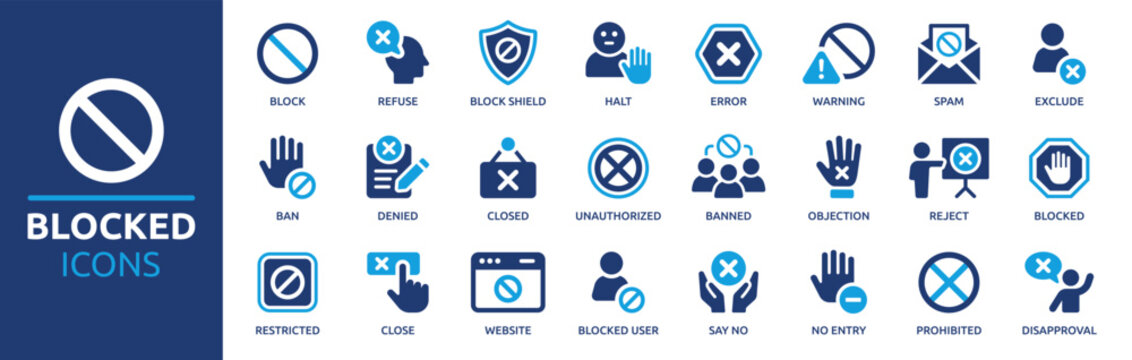 Blocked icon set. Containing forbidden sign, prohibited, banned, error, refuse, close, reject and more. Solid vector icons collection.