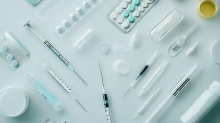 Flat lay of various medical supplies including syringes, pills, and vials on a light blue background.