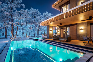 3d rendering of modern two story house with gray and wood accents, large windows, parking space in the right side of the building. Christmas garlands at New Year holidays