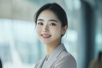 Smiling young Asian businesswoman in modern office.
