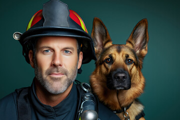 Firefighter stands proudly with rescue dog showcasing strong bond and teamwork in service