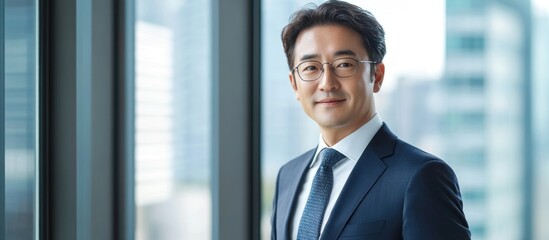 Fototapeta premium Confident Asian businessman in suit near window.
