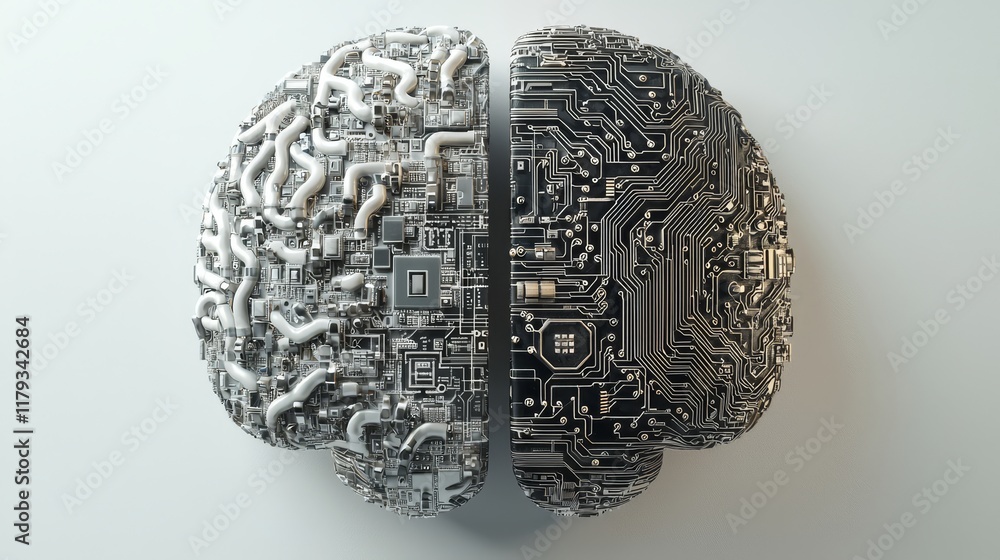 Poster a digital brain fusing with a biological brain to depict the convergence of artificial stock knowled