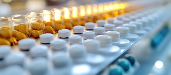 Obraz premium Close-up of pharmaceutical pills in blister packs and glass vials, showcasing medical production and packaging.