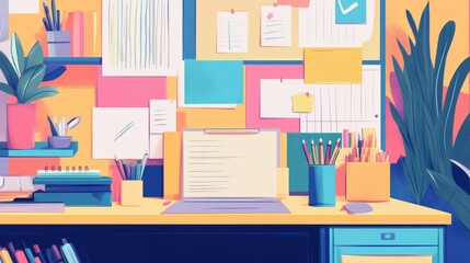 Work place of a creative person with a variety of colorful stationery objects 