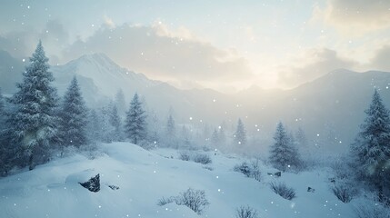 Serene Winter Landscape: Snow-Covered Pines and Misty Mountains