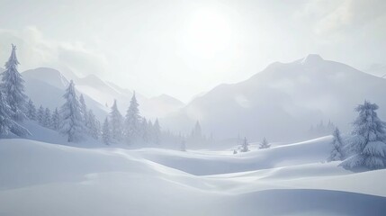 Serene Winter Landscape: Snow-Covered Pines and Misty Mountains