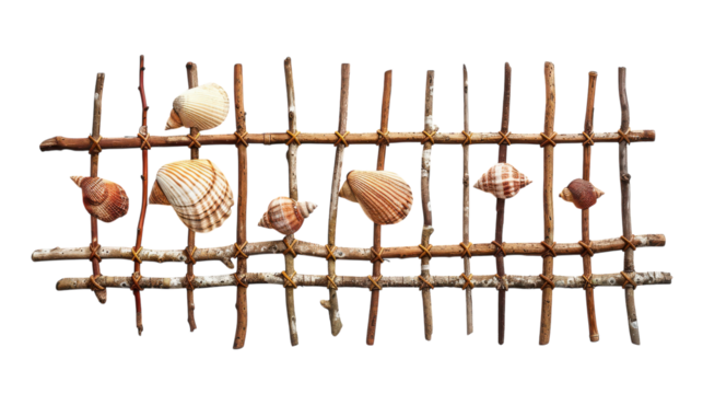 Natural art display of seashells arranged on a rustic wooden frame, showcasing coastal treasures captured in a serene setting on transparent background