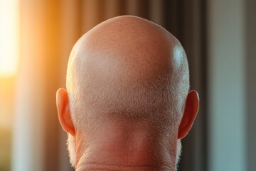 Fototapeta premium Bald man enjoying sunset reflection indoor setting portrait calm environment rear view peaceful concept